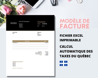 Modèle de Facture en Français Avec Calcul Automatisé Des Taxes (Version Québec) - Téléchargeable et Imprimable Fichier Excel et PDF