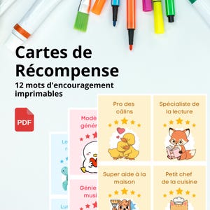 Cartes de Récompense Inspirantes pour Enfants – 12 mots d'encouragement pour boîte à lunch à imprimer en français