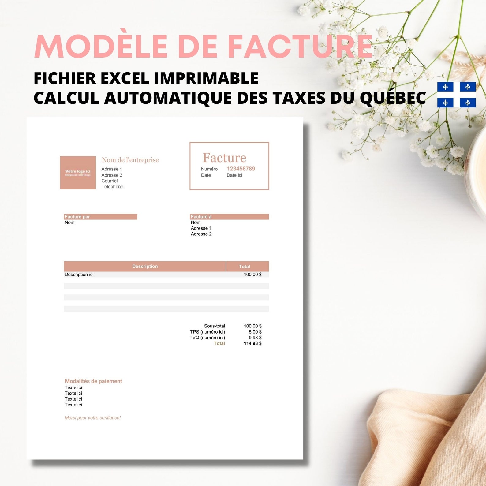 Invoice Template to Download and Print in French With Automated Invoice Template to Download and Print in French With Automated