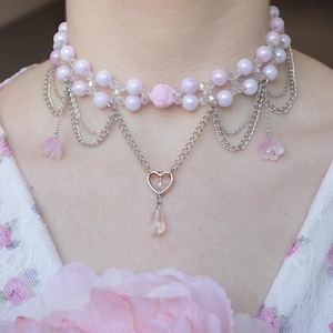 Pink Coquette Beaded Choker: Fairycore Rose Heart Pendant