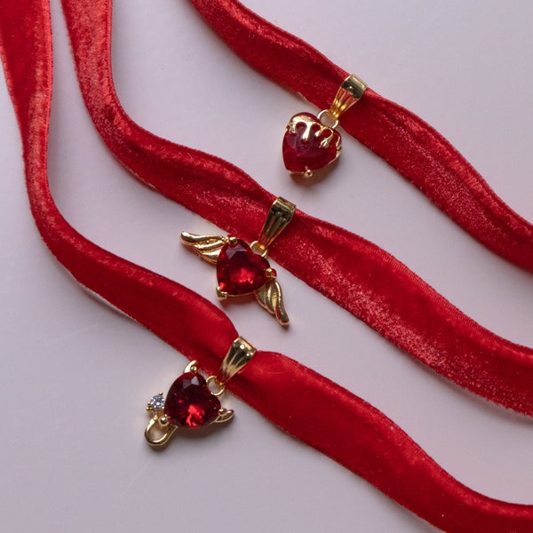 Red velvet ribbon choker heart charm necklace gold cute gift for her valentines day jewelry coquette aesthetic soft grunge goth