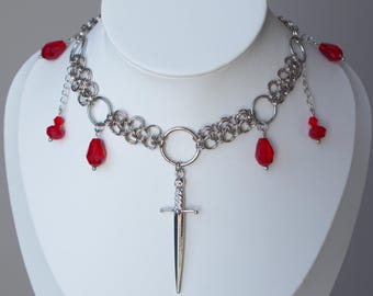Chainmaille choker necklace and earring set, silver sword pendant, red teardrop dangles
