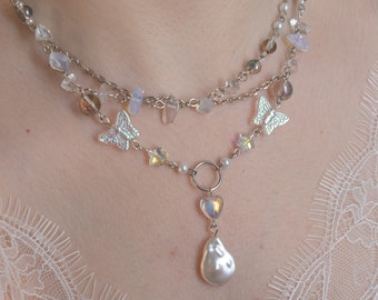 Iridescent crystal necklace silver chain butterfly charms pearl beaded necklace opalite stone y2k grunge dreamy aesthetic fairy jewelry