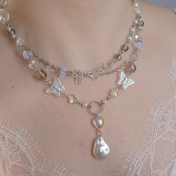 Iridescent crystal necklace silver chain butterfly charms pearl beaded necklace opalite stone y2k grunge dreamy aesthetic fairy jewelry