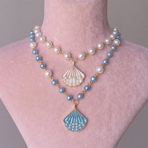 Pearl Seashell Pendant Necklace: Gold Enamel Mermaid Jewelry