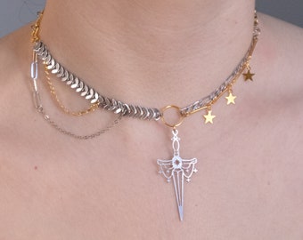 Golden and silver necklace mixed metals sword pendant star charms choker chunky chains trendy grunge aesthetic unique gift for her