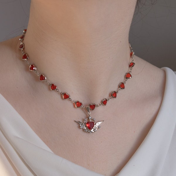 Red heart chain necklace silver winged angel pendant crystal red witchy magical fairy tale jewelry valentines day gift for her unique