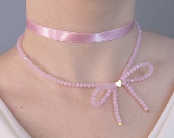 Layering necklace pink bow crystal bead necklace delicate satin ribbon choker jewelry set minimal balletcore coquette soft aesthetic