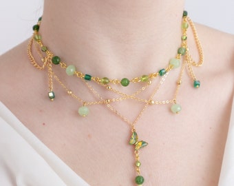 Butterfly Pendant Necklace: Green Crystal Jade Beads, Fairycore Jewelry