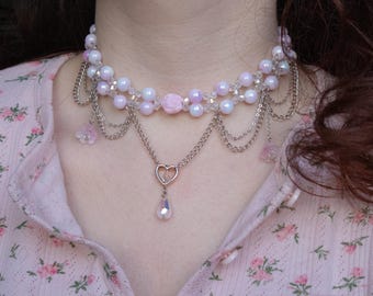 Pink Coquette Beaded Choker: Fairycore Rose Heart Pendant