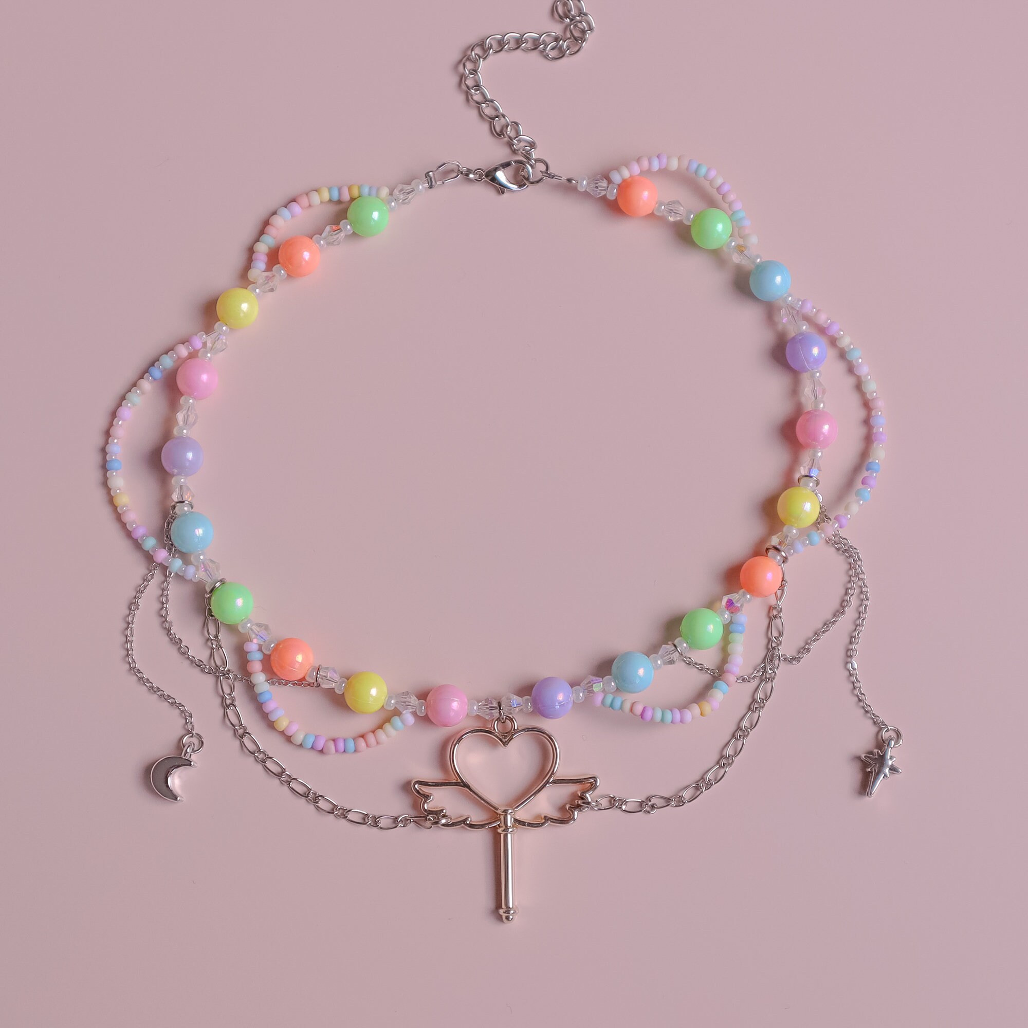 Rainbow Magical Girl Beaded Necklace Silver Heart Key Pendant Etsy