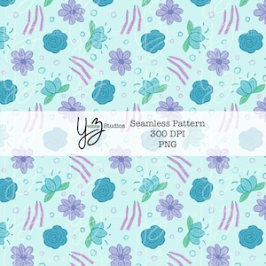 Naadloos patroon met koele, rustige bloemen | Digitaal papier blauw lavendel | Sereen abstract ontwerp | Vreedzame afdrukbare achtergrond | Paarse bloemsierkunst