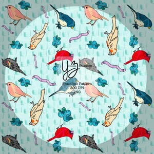 Patrón sin costuras de pájaros, gusanos y arándanos / Papel digital con pájaros lindos / Clipart de animales de la naturaleza / Papel con patrón de pájaros para álbumes de recortes / Verano