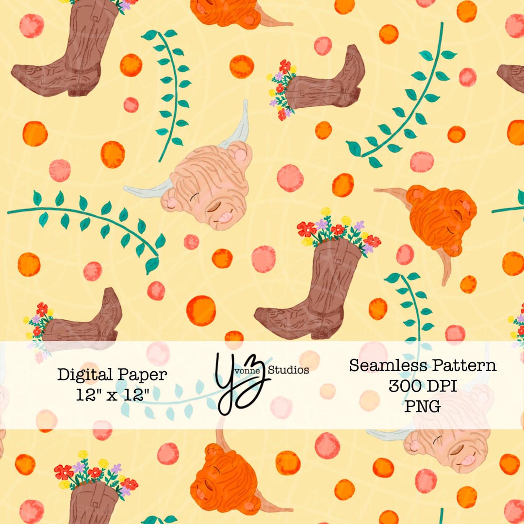 Yellow Highland Cow Seamless Pattern Digital Paper Western Boho Cowboy ...