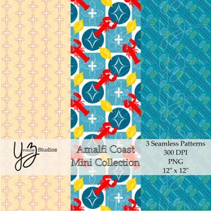 Amalfi Coast Seamless Pattern Bundle: Lobster, Lemon, Tile (PNG Digital Download)