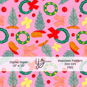 Modello senza cuciture natalizio Coquette, carta digitale rosa per le vacanze, clipart natalizio kawaii, ghirlanda di gatti accogliente, sfondo natalizio carino, albero di Natale