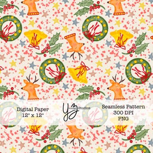 Christmas Seamless Pattern Digital Paper | Cute Reindeer Holly Bells Wreath PNG | Holiday Scrapbook Background 12x12 Download
