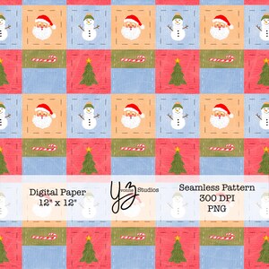 May include: Digital paper with a repeating Christmas pattern. The design features Santa Claus, snowmen, Christmas trees, and candy canes in a patchwork style. The paper measures 12" x 12".