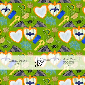 May include: A seamless digital paper pattern with Halloween-themed illustrations on a green background. The design includes orange heart-shaped frames with bats, white hearts, potion bottles, spiders, and the word "BOO". The paper is 12" x 12".