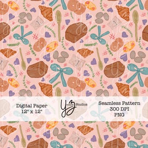 Patrón sin costuras para hornear, papel digital, linda cocina, clipart, descarga de pan, galletas, pasteles, panadería, patrón, fondo de pantalla, diseño rosa