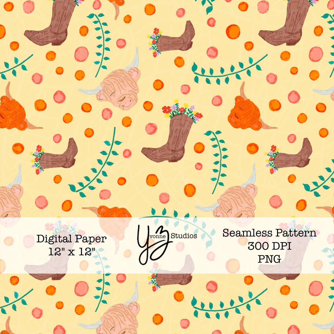 Highland Cow Seamless Pattern Digital Paper Western Boho Cowboy Boots ...