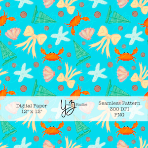 Strand Musterdesign Digitales Papier | Krabbe, Seestern, Boot & Bögen | Kokette Clipart Hintergrund | Sommer Papier Download | Urlaub Sammelalbum