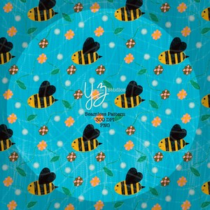 Bee Seamless Pattern Digital Download Cute Bee Flower Repeat Print Blue Background Bumblebee Clipart Scrapbook Paper Summer Design Kid Art