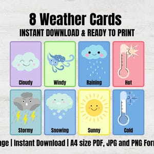 Flashcards météo | 8 cartes météo imprimables pour les enfants, activités pédagogiques pour la maternelle et la maternelle, climat d'apprentissage à la maison