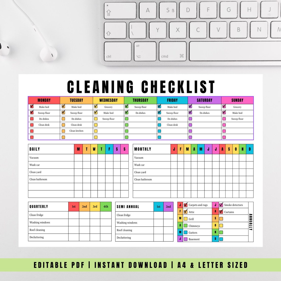 Editable Cleaning Checklist | Printable Weekly, Monthly, Yearly Tidying ...