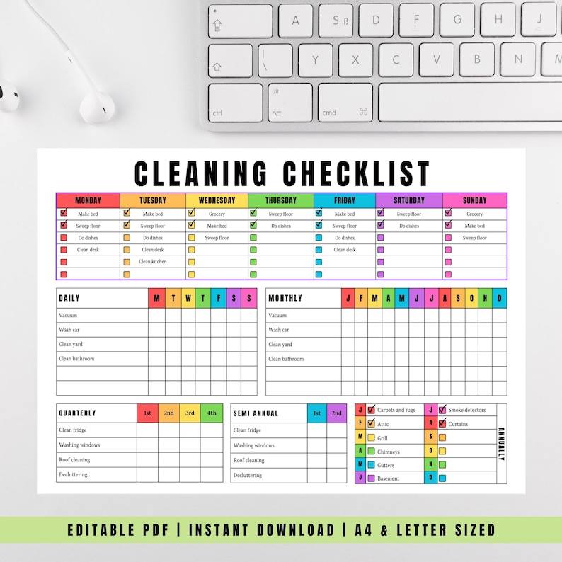 Editable Cleaning Checklist | Printable Weekly, Monthly, Yearly Tidying ...
