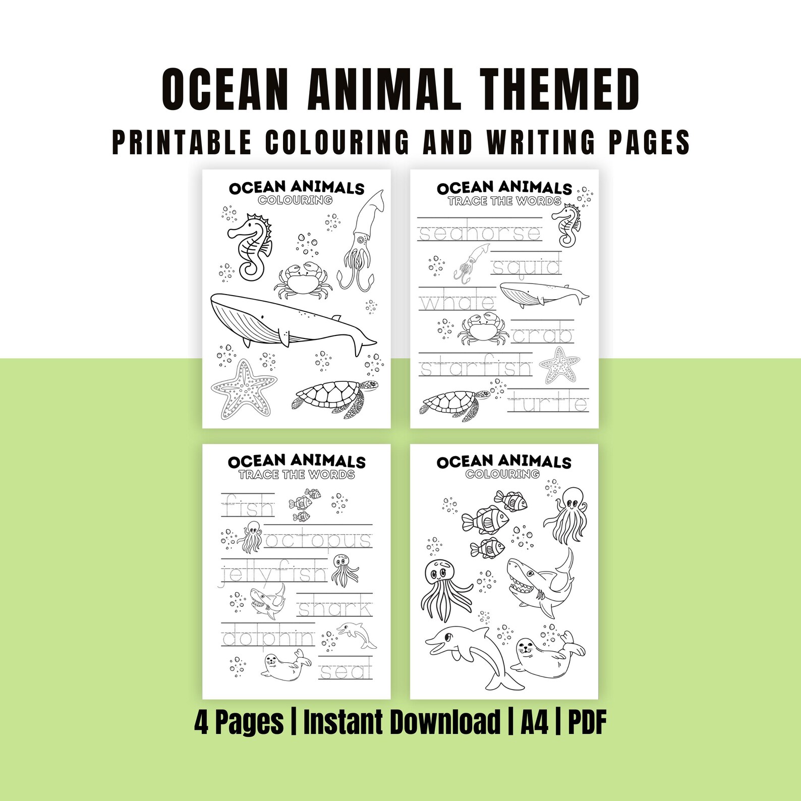 Ocean Animal Themed Printable Colouring and Writing Pages for Kids