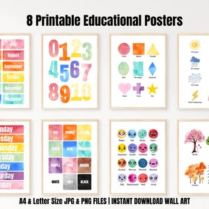 Lernposter für Kinder | 8 Montessori-inspirierte druckbare Wandkunst für Spielzimmer, Kindergarten & Schule