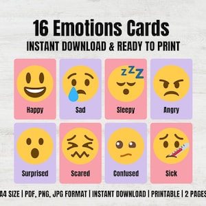Tarjetas didácticas sobre emociones / 16 tarjetas imprimibles sobre sentimientos para niños, bebés y niños en edad preescolar / Recursos para educación en el hogar en jardín de infantes / Tarjetas educativas.