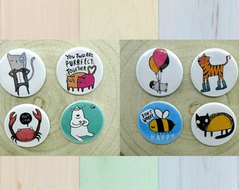 Taco Cat, Crab Pin, Tiger Badge, Tiger Pin, Cat Badge, Cat Pin, Penguin Badge, Bee Happy, Bee Badge, 25mm Button Badge, Button Badge Set