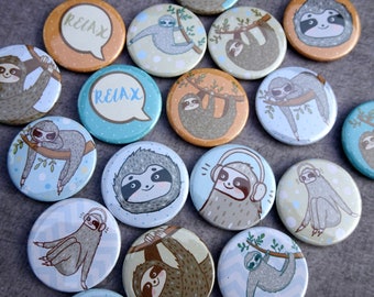 Sloth Badges, 25mm Button Badges, Button Badges, Cute Sloth Badges, Cartoon Sloth Badges, Sloth Button Badges, Set of 4 Badges, Kids Badges