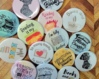 Book Lover Badges: Bookworm Gifts, Librarian Pins (38mm)