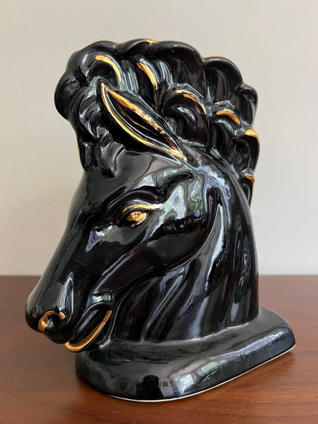 Art Deco Black and Gold Horse Head Vase Etsy