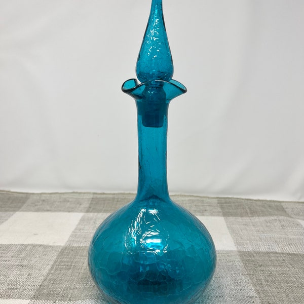 1963 Blenko #37 Handblown Turquoise Crackle Glass Decanter