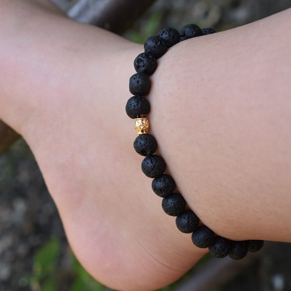 Black Lava Onyx Beaded Anklet | Beaded Anklets | Beaded Accessories | Black Onyx | 8mm | sterling silver lobster lock system 925 |