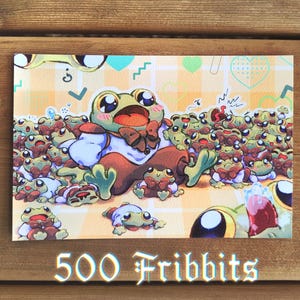 May include: A colorful illustration featuring a large frog surrounded by many smaller frogs. The central frog is wearing a bow tie and a white shirt. The image has the text "500 Fribbits" at the bottom.
