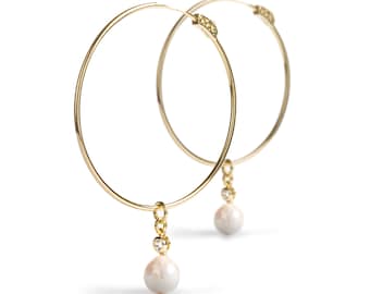 Large Hoop Pearl Earrings ~ Huggie Earrings 14k Gold Plated on Sterling Silver with Pearl and CZ, Pearl Hoop, Minimalist Jewelry ~ for Her