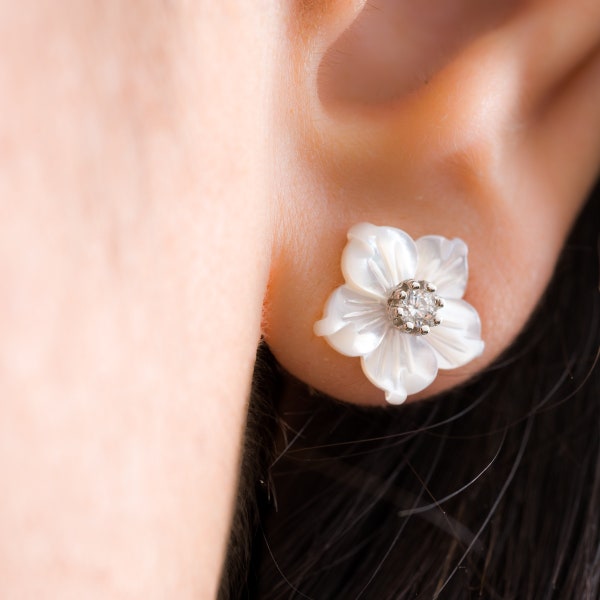 Flower Power, Mother of Pearl Earrings ~ Flower Stud Earrings with CZ, Silver Rhodium Plating on Sterling Silver ~ Gift for Her