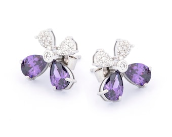 Flower Earrings ~ Silver Stud Earrings, Silver Rhodium Plating on Sterling Silver and Amethyst CZ, Crystal Jewelry ~ Gift for Her