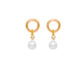 Pearl Drop Earrings ~ Pearl Earrings in 14k Gold Plated on Sterling Silver with Freshwater Pearl and CZ ~ Pearl Jewelry, Gift for Her