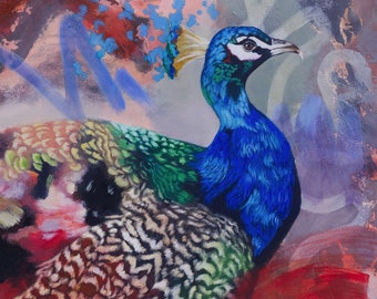 Contemporary original painting peacock oil mixed media