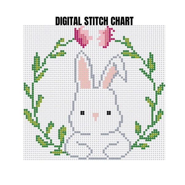 cute easter bunny needlepoint canvas,  preppy easter rabbit pattern, needlepoint chart pdf, digital stitch chart, cross stitch animal