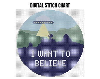 x files, i want to believe poster, cross stitch pattern modern, needlepoint canvas chart, nerdy gifts for men, ufo alien gifts