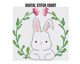 cute easter bunny needlepoint canvas,  preppy easter rabbit pattern, needlepoint chart pdf, digital stitch chart, cross stitch animal