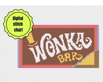 Willy Wonka Chocolate Bar, cross stitch pattern modern, needlepoint chart digital, candy gift for kids, cooking gift for women, christmas