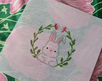 easter needlepoint canvas, floppy ear bunny pattern, personalized rabbit pillow, easter wreath sign, christmas ornament